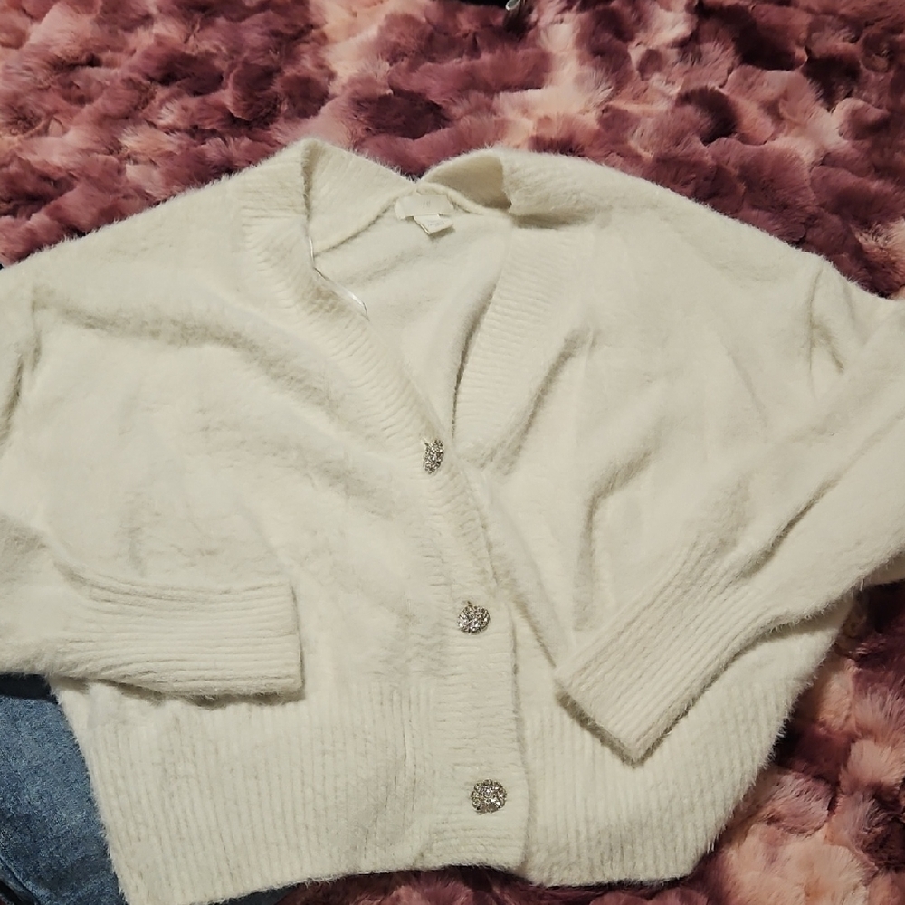 H&M White Cardigan Sweater with Classic Knit